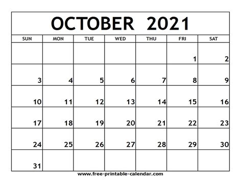 2021 Printable Calendar October